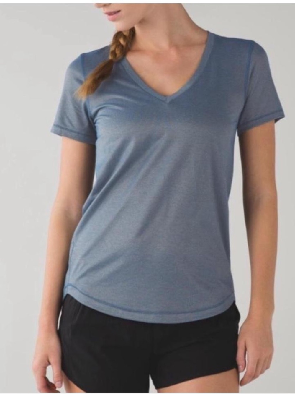 Lululemon What the Sport Tee In Heathered Poseidon Blue and Gold size 6